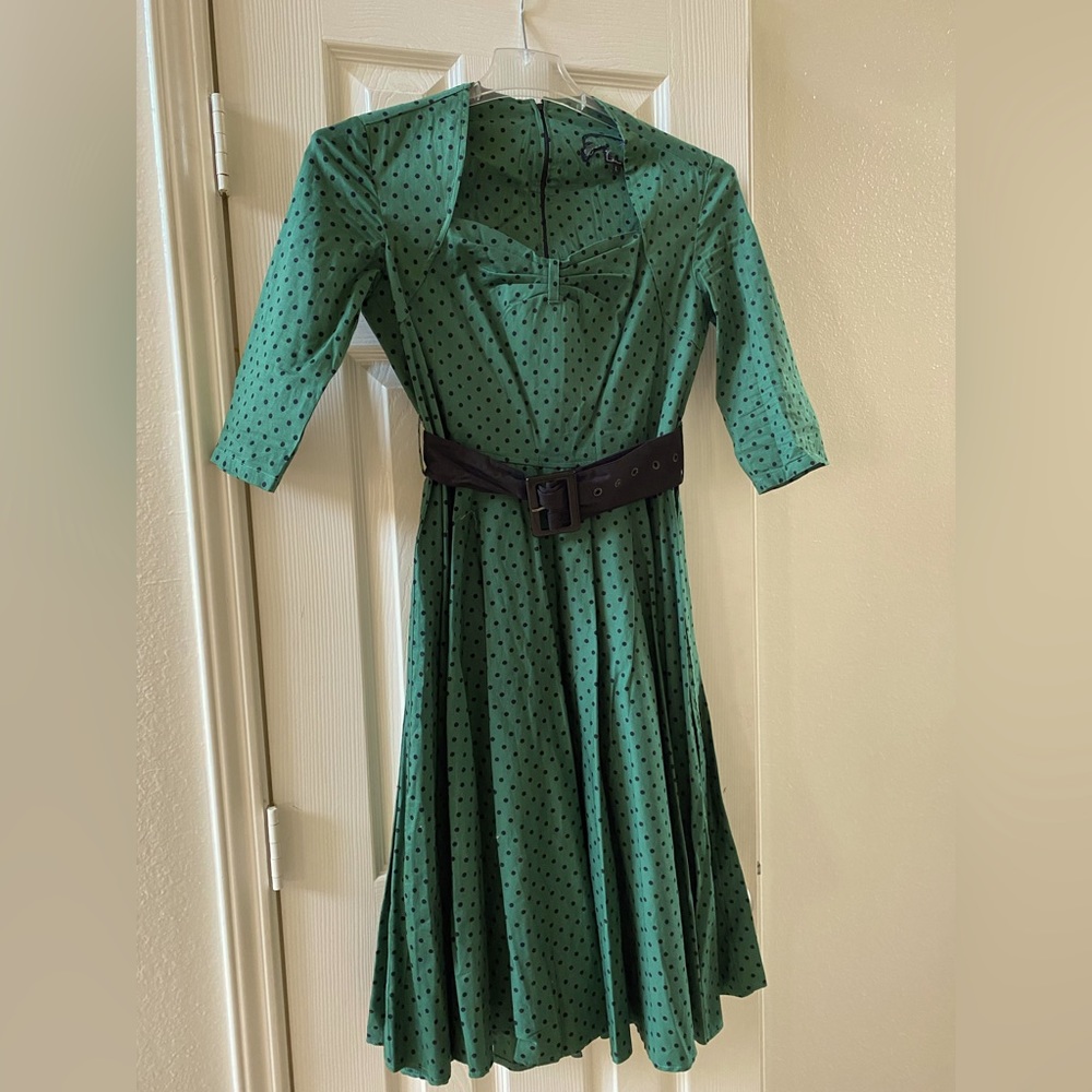 1950’s Rockabilly Forest green black polka dots dress L - 8-10 dress